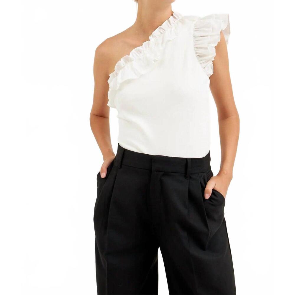 NEW GREY LAB one shoulder ruffle top in white